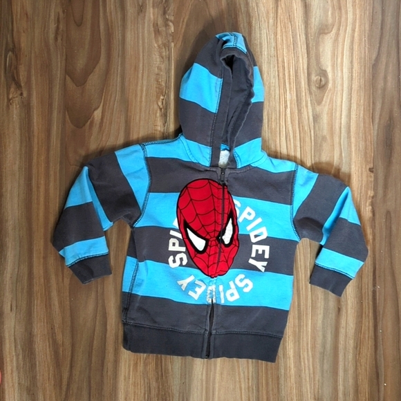 H&M MARVEL Spider-Man Boys Hooded Jacket Size 2-4y Blue / Grey striped - Picture 1 of 8